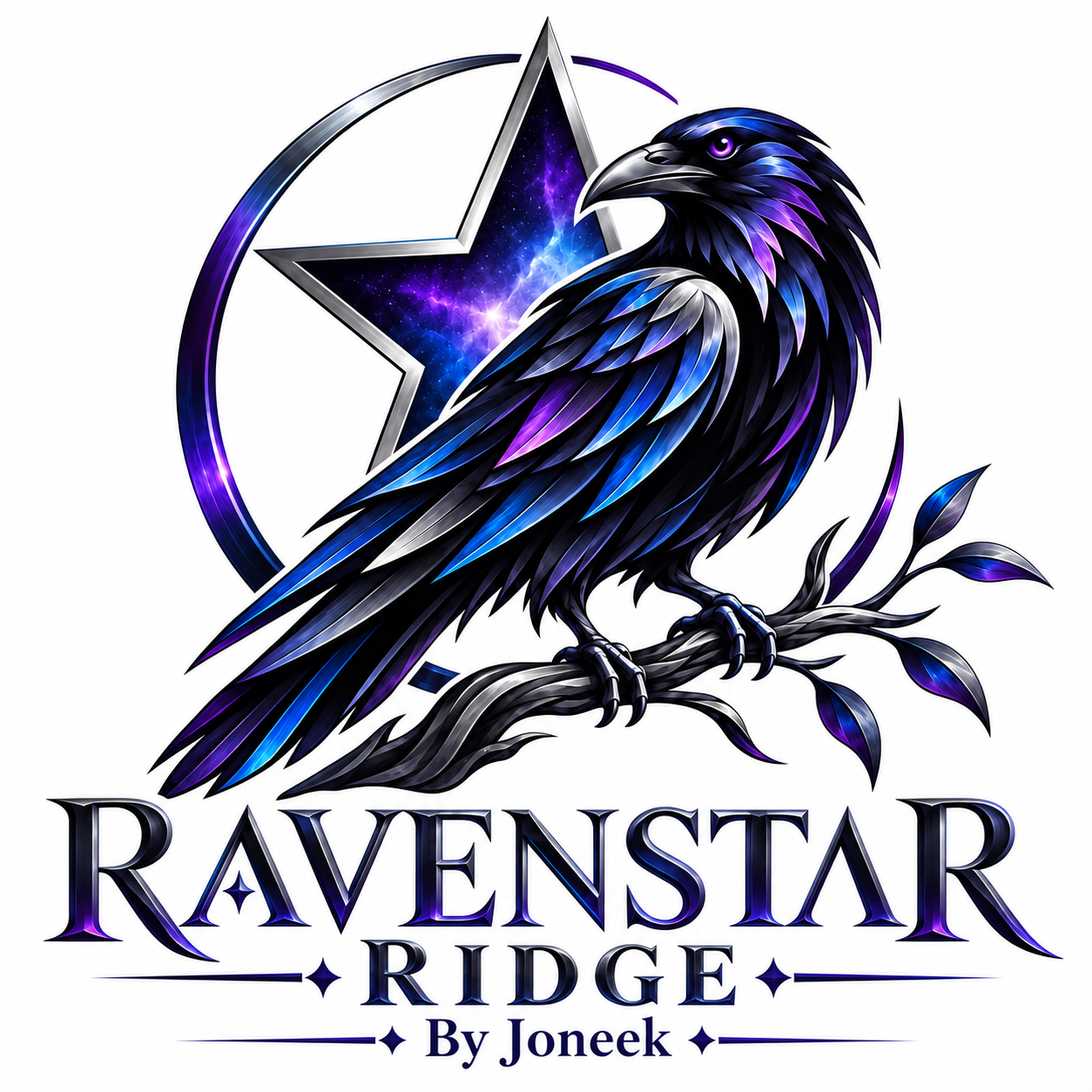 Ravenstar Ridge by Joneek: a purple and blue raven in front of a silver-edged celestial star